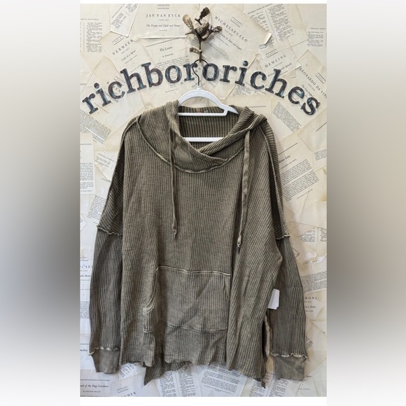 Free People One Gannet Hoodie Waffle Knit Front Pocket Side Slits Brown - Picture 8 of 9